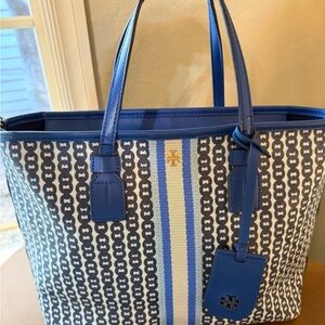 Tory Burch Blue and White Geometric Tote